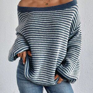 Blue Casual Womens Striped Pattern Drop Shoulder Sweater